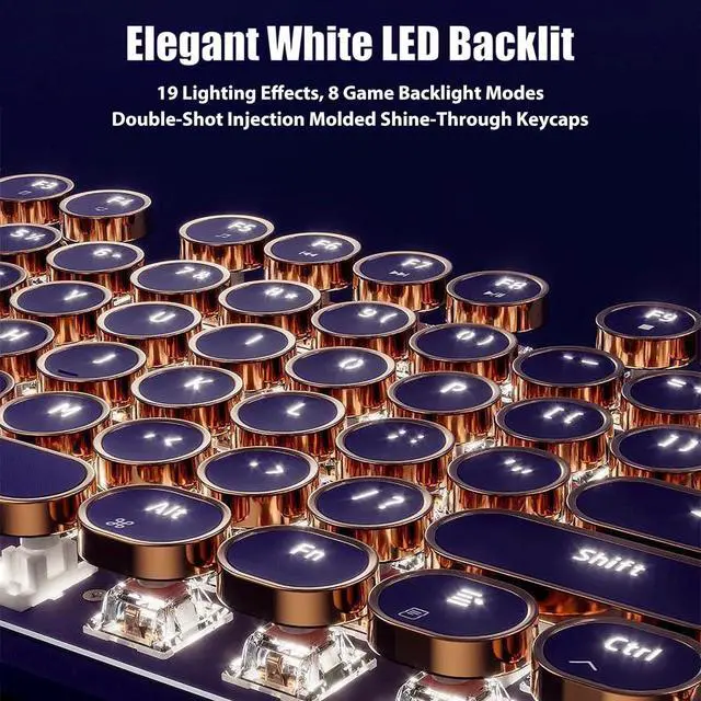 Alt view image 3 of 7 - Typewriter Style Mechanical Gaming Keyboard White LED Backlit 104-Key NKRO Pink Switches Retro Round Keycaps Golden Ring Volume Knob Metal Panel Wired USB-C Detachable Cable, Purple