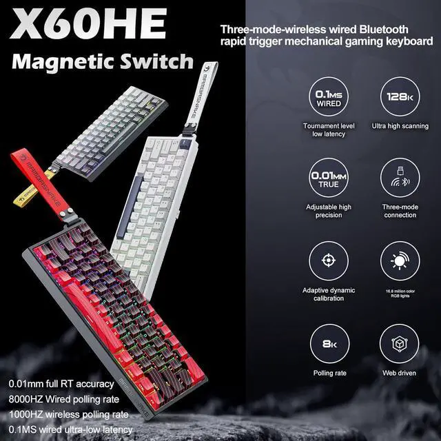 Alt view image 2 of 7 - ATTACK SHARK MAMBASNAKE X60 HE Rapid Trigger Magnetic Switch 60% RGB Wireless Mechanical Gaming keyboard,2.4Ghz/BT/Wired,8KHZ Polling Rate,0.01mm Adjustable Actuation,Web Driver for Win/Mac(Moonlight)