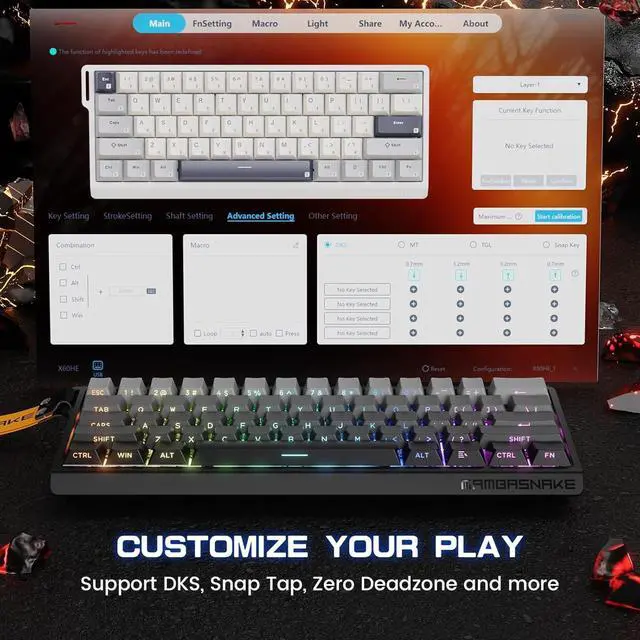 Alt view image 6 of 7 - ATTACK SHARK MAMBASNAKE X60 HE Rapid Trigger Magnetic Switch 60% RGB Wireless Mechanical Gaming keyboard,2.4Ghz/BT/Wired,8KHZ Polling Rate,0.01mm Adjustable Actuation,Web Driver for Win/Mac(Moonlight)