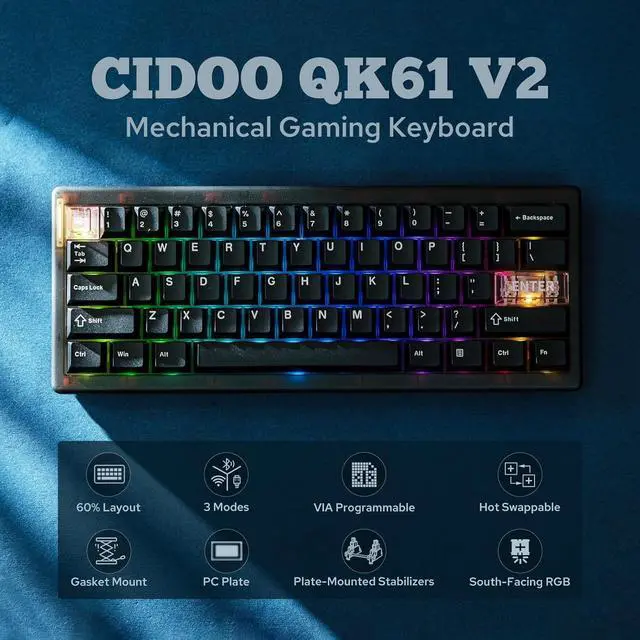 Alt view image 2 of 7 - CIDOO QK61 V2 VIA Programmable 60% Compact Keyboard, USB-C/BT5.0/2.4Ghz Wireless, Hot Swappable Custom Mechanical Keyboard with Gasket Mounted, PC Plate, 3000mAh Battery for Win/Mac (Black)