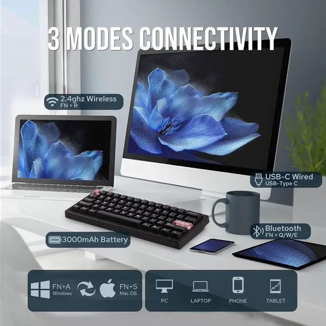 Alt view image 3 of 7 - CIDOO QK61 V2 VIA Programmable 60% Compact Keyboard, USB-C/BT5.0/2.4Ghz Wireless, Hot Swappable Custom Mechanical Keyboard with Gasket Mounted, PC Plate, 3000mAh Battery for Win/Mac (Black)