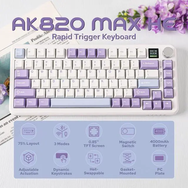 Alt view image 2 of 7 - MechLands AJAZZ AK820 MAX HE Hall Effect Magnetic Gaming Keyboard, Adjustable Actuation, 3 Modes Wireless Rapid Fast Keyboard with Screen & Knob, Creamy Gasket, RGB Backlight, NKRO for Win/Mac (White)