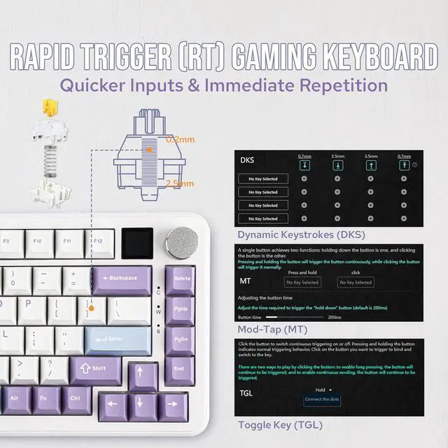 Alt view image 3 of 7 - MechLands AJAZZ AK820 MAX HE Hall Effect Magnetic Gaming Keyboard, Adjustable Actuation, 3 Modes Wireless Rapid Fast Keyboard with Screen & Knob, Creamy Gasket, RGB Backlight, NKRO for Win/Mac (White)