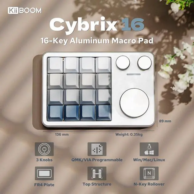 Alt view image 2 of 7 - KiiBOOM Cybrix 16 VIA Programmable Macro Pad - 16 Keys + 3 Knobs, Type-C Wired Aluminum Numpad, Hot-Swappable PCB, RGB Backlight, Lightweight & Portable Numeric Keypad for Windows & Mac (Silver)