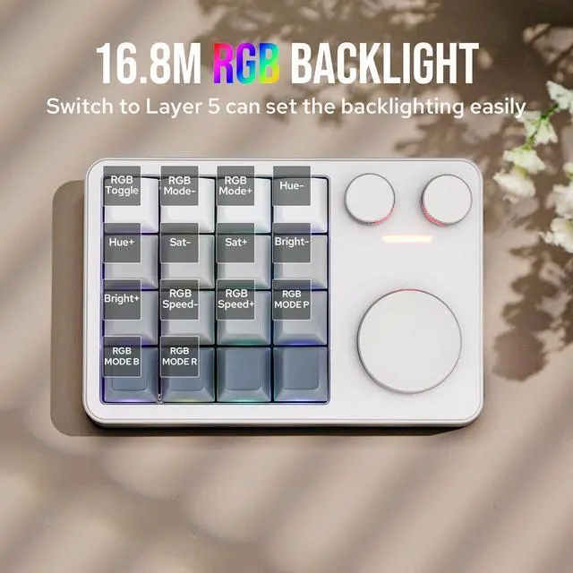 Alt view image 5 of 7 - KiiBOOM Cybrix 16 VIA Programmable Macro Pad - 16 Keys + 3 Knobs, Type-C Wired Aluminum Numpad, Hot-Swappable PCB, RGB Backlight, Lightweight & Portable Numeric Keypad for Windows & Mac (Silver)