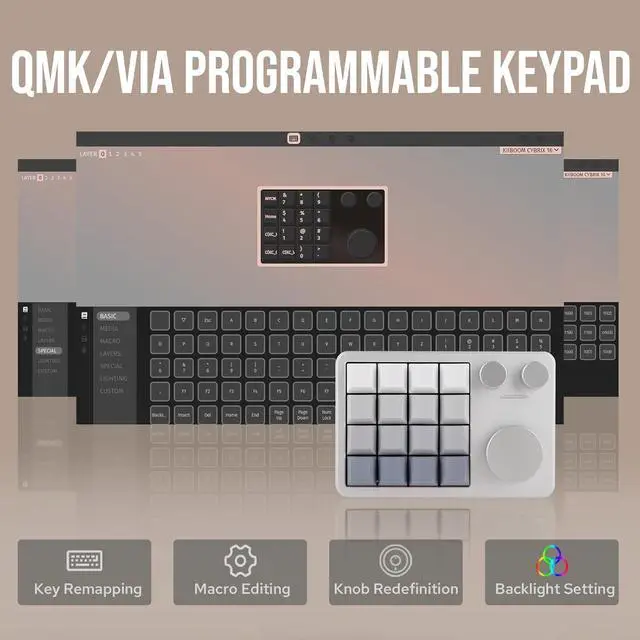 Alt view image 6 of 7 - KiiBOOM Cybrix 16 VIA Programmable Macro Pad - 16 Keys + 3 Knobs, Type-C Wired Aluminum Numpad, Hot-Swappable PCB, RGB Backlight, Lightweight & Portable Numeric Keypad for Windows & Mac (Silver)