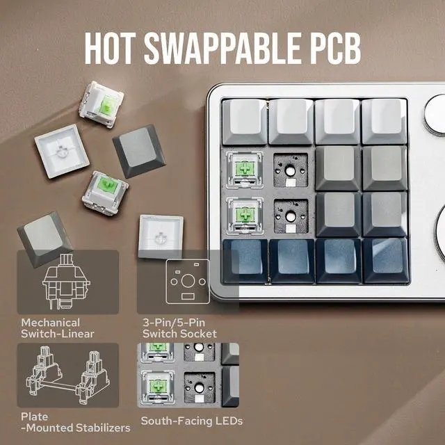 Alt view image 7 of 7 - KiiBOOM Cybrix 16 VIA Programmable Macro Pad - 16 Keys + 3 Knobs, Type-C Wired Aluminum Numpad, Hot-Swappable PCB, RGB Backlight, Lightweight & Portable Numeric Keypad for Windows & Mac (Silver)