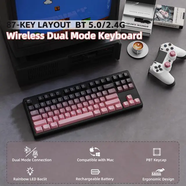 Alt view image 2 of 7 - ZIYOU LANG M87 Wireless Gaming Keyboard Mechanical Feel Silent RGB Backlit Bluetooth/2.4Ghz Dual Mode PBT Gradient Keycaps Ergonomic Design 75% Compact Keyboard for MAC/Win/PC-Pink