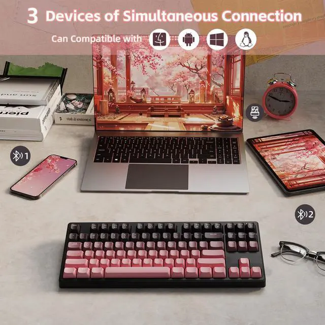 Alt view image 4 of 7 - ZIYOU LANG M87 Wireless Gaming Keyboard Mechanical Feel Silent RGB Backlit Bluetooth/2.4Ghz Dual Mode PBT Gradient Keycaps Ergonomic Design 75% Compact Keyboard for MAC/Win/PC-Pink