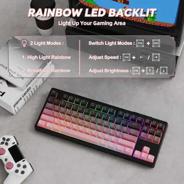 Alt view image 5 of 7 - ZIYOU LANG M87 Wireless Gaming Keyboard Mechanical Feel Silent RGB Backlit Bluetooth/2.4Ghz Dual Mode PBT Gradient Keycaps Ergonomic Design 75% Compact Keyboard for MAC/Win/PC-Pink