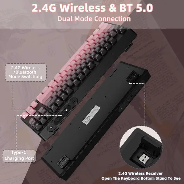 Alt view image 3 of 7 - ZIYOU LANG M87 Wireless Gaming Keyboard Mechanical Feel Silent RGB Backlit Bluetooth/2.4Ghz Dual Mode PBT Gradient Keycaps Ergonomic Design 75% Compact Keyboard for MAC/Win/PC-Pink