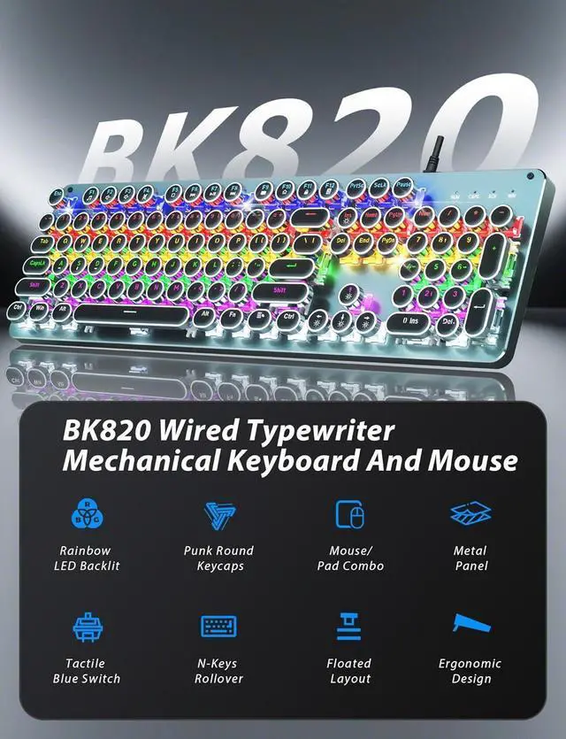 Alt view image 2 of 7 - Typewriter Style Mechanical Gaming Keyboard Blue Switch, Rainbow LED Backlit Wired Computer Keyboards Mouse and Pad Combo, Metal Panel Retro Punk Round Keycaps, 104 Keys Anti-Ghost for PC Laptop Gamer