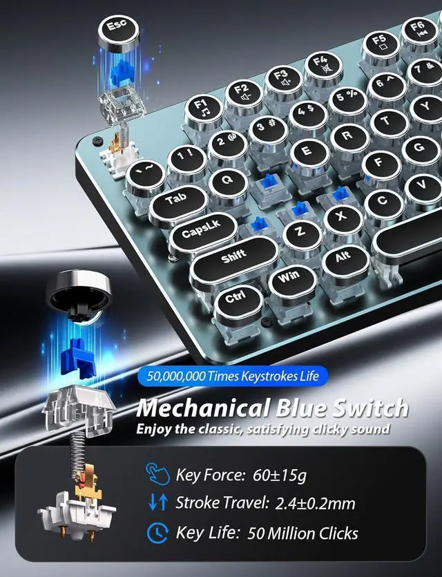 Alt view image 3 of 7 - Typewriter Style Mechanical Gaming Keyboard Blue Switch, Rainbow LED Backlit Wired Computer Keyboards Mouse and Pad Combo, Metal Panel Retro Punk Round Keycaps, 104 Keys Anti-Ghost for PC Laptop Gamer