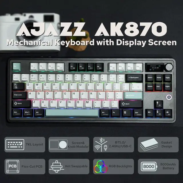 Alt view image 2 of 7 - MechLands Ajazz AK870 87 Keys Gasket Wireless Gaming Keyboard with Screen & Knob, BT5.0/2.4GHz/USB-C Mechanical Keyboard, with 5-Layer Padding, Flex-Cut PCB, NKRO for Win/Mac (Black, Maillard Switch)