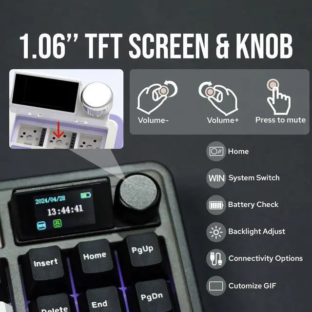 Alt view image 3 of 7 - MechLands Ajazz AK870 87 Keys Gasket Wireless Gaming Keyboard with Screen & Knob, BT5.0/2.4GHz/USB-C Mechanical Keyboard, with 5-Layer Padding, Flex-Cut PCB, NKRO for Win/Mac (Black, Maillard Switch)