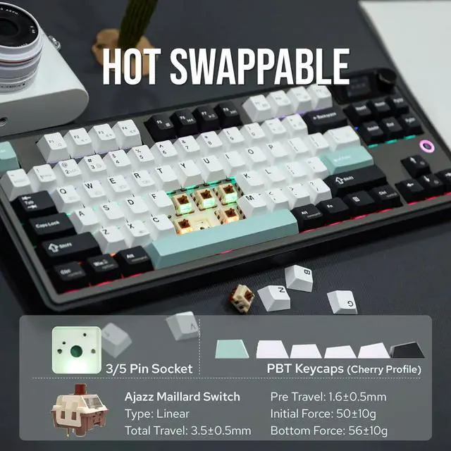 Alt view image 6 of 7 - MechLands Ajazz AK870 87 Keys Gasket Wireless Gaming Keyboard with Screen & Knob, BT5.0/2.4GHz/USB-C Mechanical Keyboard, with 5-Layer Padding, Flex-Cut PCB, NKRO for Win/Mac (Black, Maillard Switch)