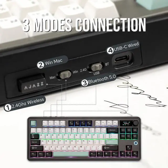 Alt view image 7 of 7 - MechLands Ajazz AK870 87 Keys Gasket Wireless Gaming Keyboard with Screen & Knob, BT5.0/2.4GHz/USB-C Mechanical Keyboard, with 5-Layer Padding, Flex-Cut PCB, NKRO for Win/Mac (Black, Maillard Switch)