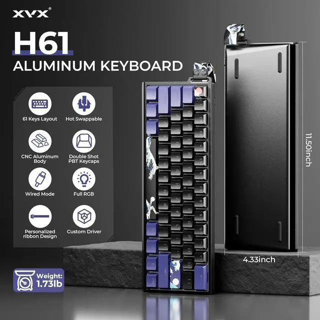 Alt view image 2 of 7 - x XVX 60% Percent Keyboard with Strap, H61 Wired Aluminum Gaming Keyboard, Hot Swappable, Kanagawa Anime PBT Keycaps, RGB Backlit, Cherry Profile, Sound Absorbing Pads, Creamy Linear Switch
