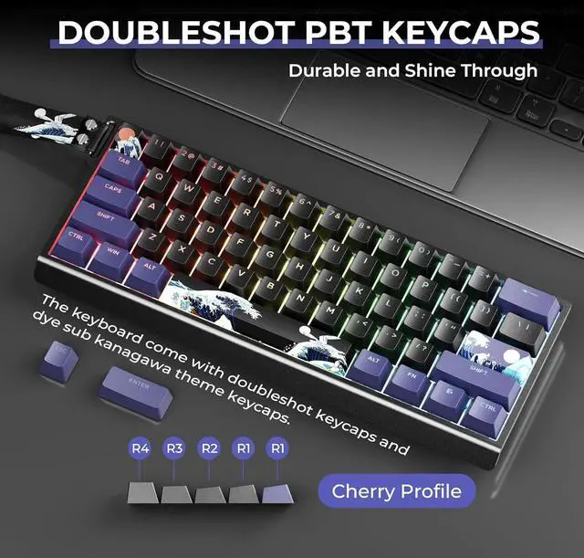 Alt view image 4 of 7 - x XVX 60% Percent Keyboard with Strap, H61 Wired Aluminum Gaming Keyboard, Hot Swappable, Kanagawa Anime PBT Keycaps, RGB Backlit, Cherry Profile, Sound Absorbing Pads, Creamy Linear Switch