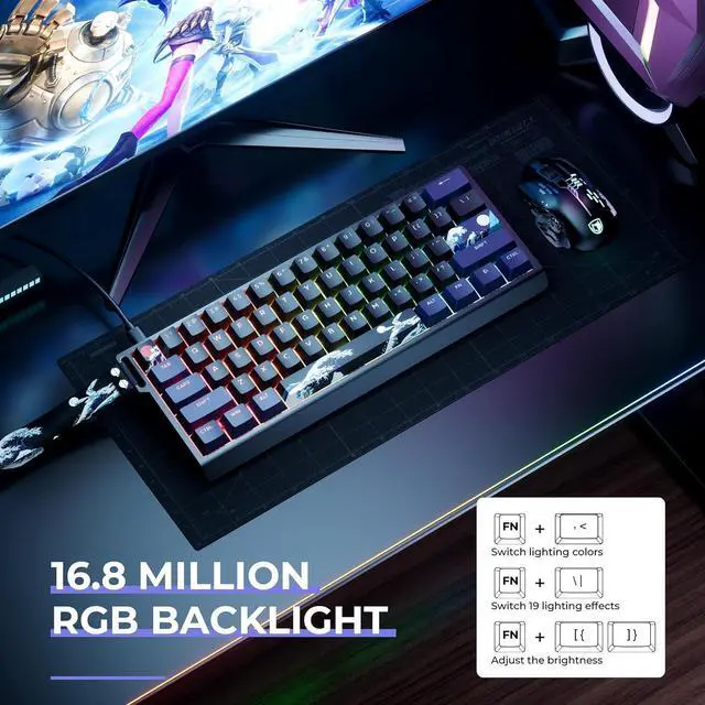 Alt view image 6 of 7 - x XVX 60% Percent Keyboard with Strap, H61 Wired Aluminum Gaming Keyboard, Hot Swappable, Kanagawa Anime PBT Keycaps, RGB Backlit, Cherry Profile, Sound Absorbing Pads, Creamy Linear Switch