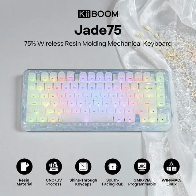 Alt view image 2 of 7 - KiiBoom Jade75 75% Resin Molding Mechanical Keyboard, BT5.0/USB-C/2.4GHz Wireless Gaming Keyboard, QMK&VIA Programmable, RGB Backlits, Hot-Swappable, CNC+UV Case for Windows/Mac/Linux (White)