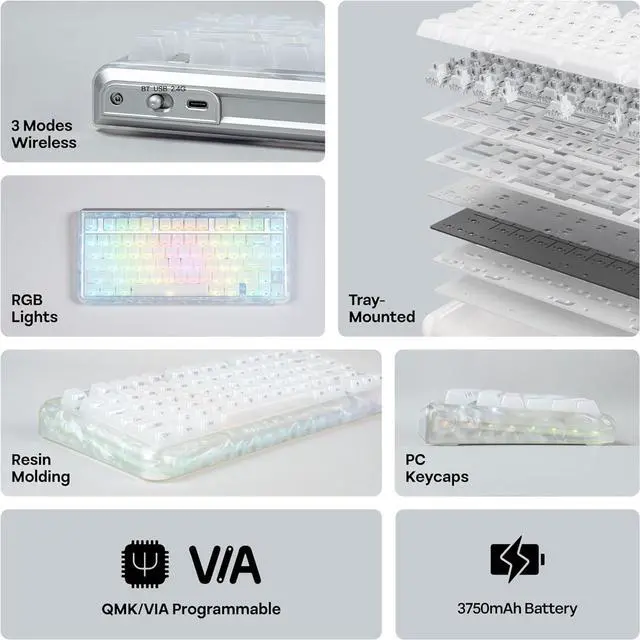 Alt view image 3 of 7 - KiiBoom Jade75 75% Resin Molding Mechanical Keyboard, BT5.0/USB-C/2.4GHz Wireless Gaming Keyboard, QMK&VIA Programmable, RGB Backlits, Hot-Swappable, CNC+UV Case for Windows/Mac/Linux (White)