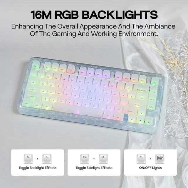 Alt view image 4 of 7 - KiiBoom Jade75 75% Resin Molding Mechanical Keyboard, BT5.0/USB-C/2.4GHz Wireless Gaming Keyboard, QMK&VIA Programmable, RGB Backlits, Hot-Swappable, CNC+UV Case for Windows/Mac/Linux (White)