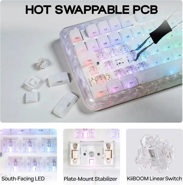 Alt view image 6 of 7 - KiiBoom Jade75 75% Resin Molding Mechanical Keyboard, BT5.0/USB-C/2.4GHz Wireless Gaming Keyboard, QMK&VIA Programmable, RGB Backlits, Hot-Swappable, CNC+UV Case for Windows/Mac/Linux (White)