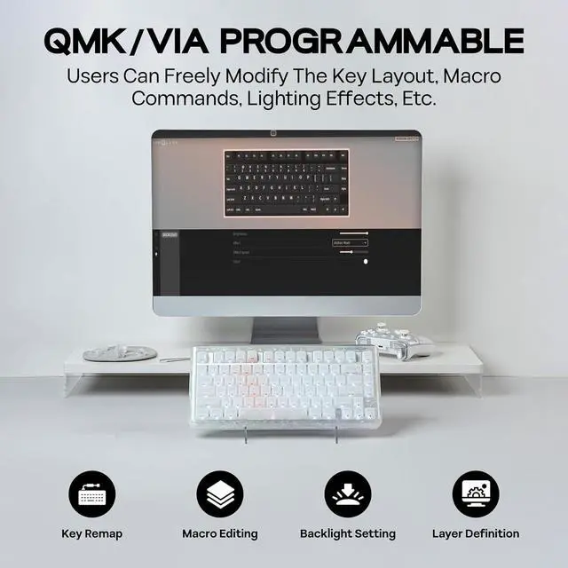 Alt view image 7 of 7 - KiiBoom Jade75 75% Resin Molding Mechanical Keyboard, BT5.0/USB-C/2.4GHz Wireless Gaming Keyboard, QMK&VIA Programmable, RGB Backlits, Hot-Swappable, CNC+UV Case for Windows/Mac/Linux (White)