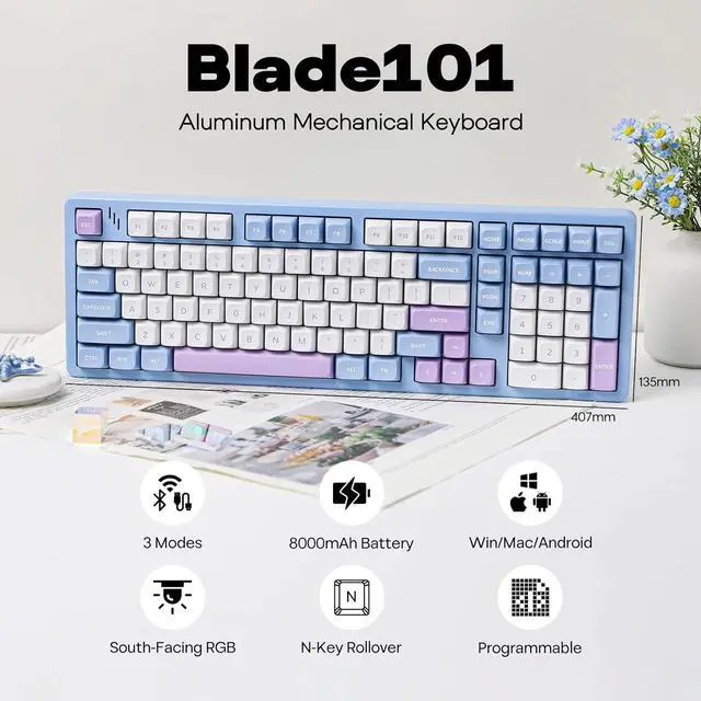 Alt view image 2 of 7 - MechLands Blade101 Wireless Aluminum Gaming Keyboard, BT5.0/2.4GHz/USB-C Hot Swappable Custom Mechanical Keyboard with 8000mAh Battery, Gasket Structure, RGB Backlit, NKRO for Win/Mac (Blue)