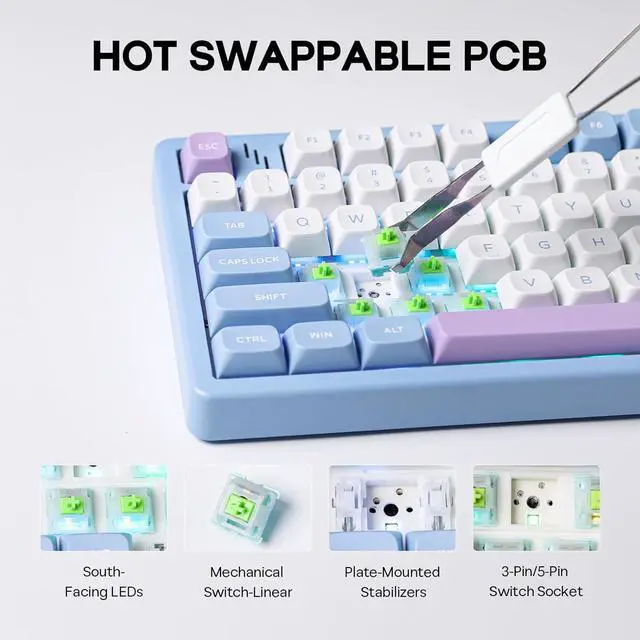 Alt view image 4 of 7 - MechLands Blade101 Wireless Aluminum Gaming Keyboard, BT5.0/2.4GHz/USB-C Hot Swappable Custom Mechanical Keyboard with 8000mAh Battery, Gasket Structure, RGB Backlit, NKRO for Win/Mac (Blue)