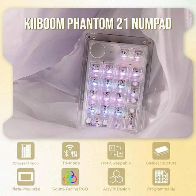 Alt view image 2 of 7 - KiiBoom Phantom 21 Hot Swappable Crystal Acrylic Numpad, BT5.0/2.4GHz/USB-C Triple Mode NKRO Programmable Numeric Keypad with Knob, South-Facing RGB, 1900mAh Battery for Win/Mac (Clear)