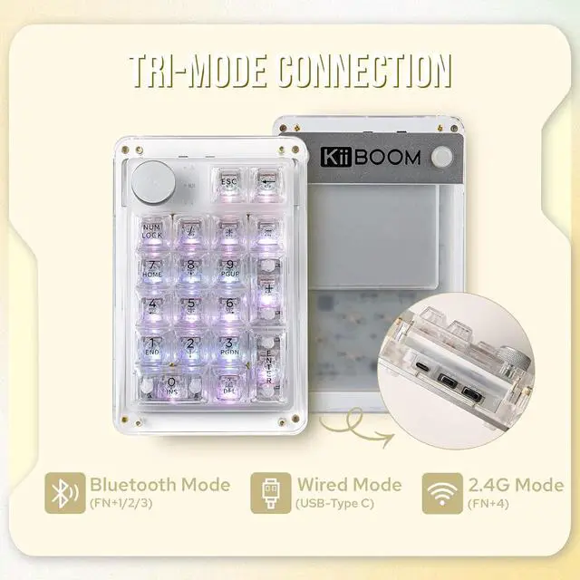 Alt view image 3 of 7 - KiiBoom Phantom 21 Hot Swappable Crystal Acrylic Numpad, BT5.0/2.4GHz/USB-C Triple Mode NKRO Programmable Numeric Keypad with Knob, South-Facing RGB, 1900mAh Battery for Win/Mac (Clear)