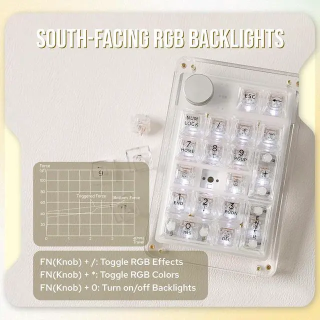Alt view image 4 of 7 - KiiBoom Phantom 21 Hot Swappable Crystal Acrylic Numpad, BT5.0/2.4GHz/USB-C Triple Mode NKRO Programmable Numeric Keypad with Knob, South-Facing RGB, 1900mAh Battery for Win/Mac (Clear)