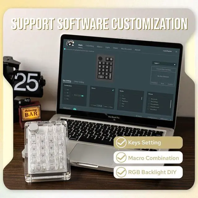 Alt view image 6 of 7 - KiiBoom Phantom 21 Hot Swappable Crystal Acrylic Numpad, BT5.0/2.4GHz/USB-C Triple Mode NKRO Programmable Numeric Keypad with Knob, South-Facing RGB, 1900mAh Battery for Win/Mac (Clear)