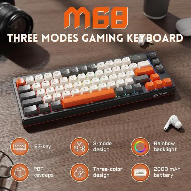 Alt view image 2 of 7 - MANBASNAKE M68 Wireless Gaming Keyboard Bluetooth 5.0/2.4G Wireless/Type-C Wired Rechargeable Backlit Gaming Keyboard 67 Keys Ultra-Compact Keyboard for PC Laptop PS5 PS4 Xbox One Mac Glimmer