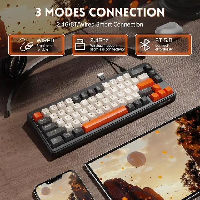 Alt view image 4 of 7 - MANBASNAKE M68 Wireless Gaming Keyboard Bluetooth 5.0/2.4G Wireless/Type-C Wired Rechargeable Backlit Gaming Keyboard 67 Keys Ultra-Compact Keyboard for PC Laptop PS5 PS4 Xbox One Mac Glimmer