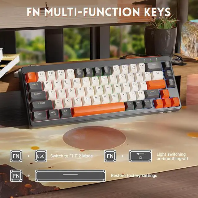 Alt view image 5 of 7 - MANBASNAKE M68 Wireless Gaming Keyboard Bluetooth 5.0/2.4G Wireless/Type-C Wired Rechargeable Backlit Gaming Keyboard 67 Keys Ultra-Compact Keyboard for PC Laptop PS5 PS4 Xbox One Mac Glimmer