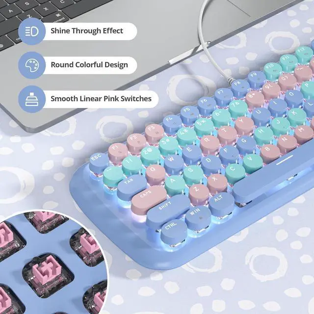Alt view image 3 of 7 - iRoboosta Blue Colorful Mechanical Gaming Keyboard, Aesthetic Keyboard w/White Backlit, 84 Keys Cute Retro Typewriter Computer Keyboard Wired w/Pink Switch, Round Keycap for Windows/PC/PS5 (Blue)