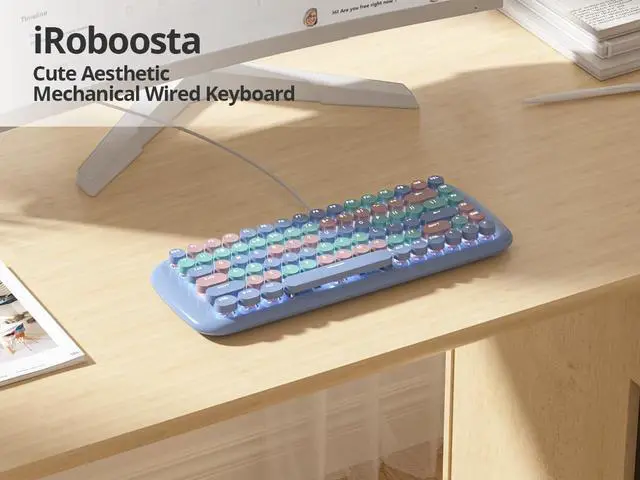 Alt view image 5 of 7 - iRoboosta Blue Colorful Mechanical Gaming Keyboard, Aesthetic Keyboard w/White Backlit, 84 Keys Cute Retro Typewriter Computer Keyboard Wired w/Pink Switch, Round Keycap for Windows/PC/PS5 (Blue)
