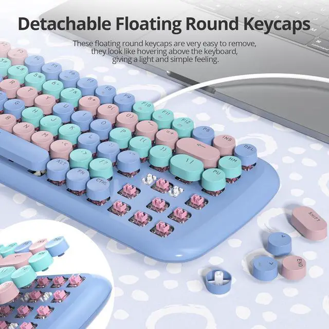 Alt view image 2 of 7 - iRoboosta Blue Colorful Mechanical Gaming Keyboard, Aesthetic Keyboard w/White Backlit, 84 Keys Cute Retro Typewriter Computer Keyboard Wired w/Pink Switch, Round Keycap for Windows/PC/PS5 (Blue)