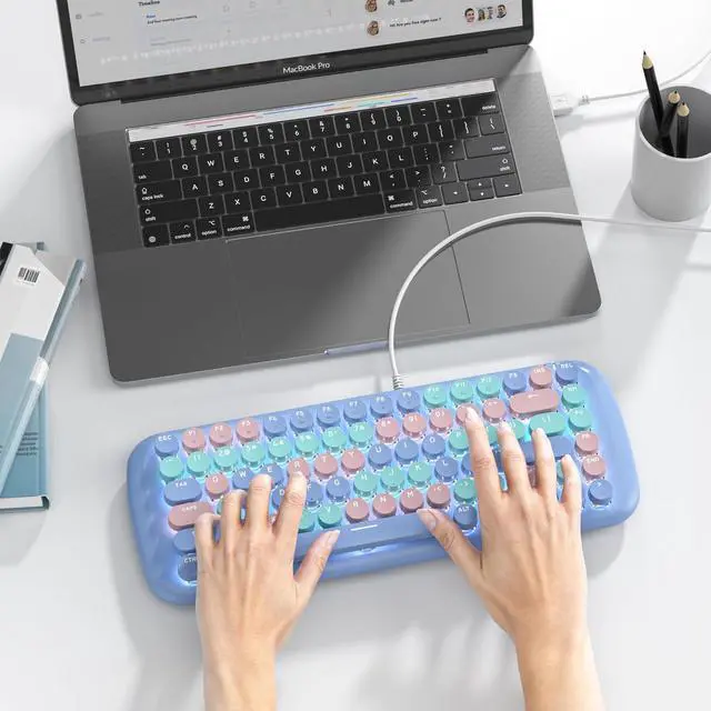Alt view image 7 of 7 - iRoboosta Blue Colorful Mechanical Gaming Keyboard, Aesthetic Keyboard w/White Backlit, 84 Keys Cute Retro Typewriter Computer Keyboard Wired w/Pink Switch, Round Keycap for Windows/PC/PS5 (Blue)