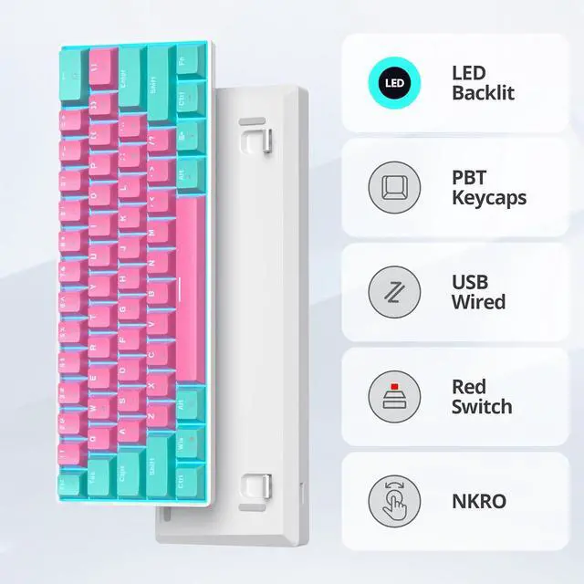 Alt view image 5 of 7 - 60 Percent Gaming Keyboard Mechanical with Linear Red Switch, 60% Wired Ultra-Compact Mini Keyboard LED with PBT Keycaps for Ps4/Ps5/Xbox61 Miami
