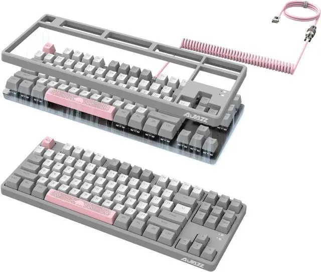 Main image of A.JAZZ AK873 Wired 87 Key TKL Retro Color Mechanical Gaming Keyboard with Rainbow Backlit Hot-swap Tactile Brown Switch NKRO Gasket Custom Coiled Aviator C to A Cable for Win/PC/Mac(Gray White Pink)