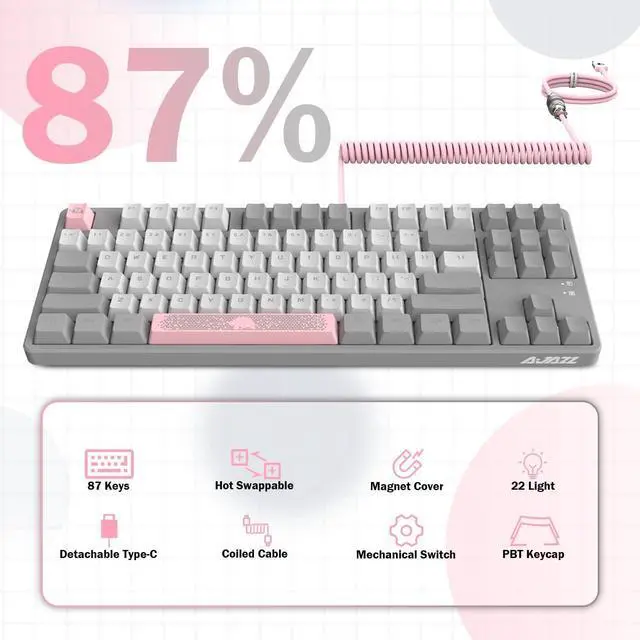 Alt view image 3 of 7 - A.JAZZ AK873 Wired 87 Key TKL Retro Color Mechanical Gaming Keyboard with Rainbow Backlit Hot-swap Tactile Brown Switch NKRO Gasket Custom Coiled Aviator C to A Cable for Win/PC/Mac(Gray White Pink)