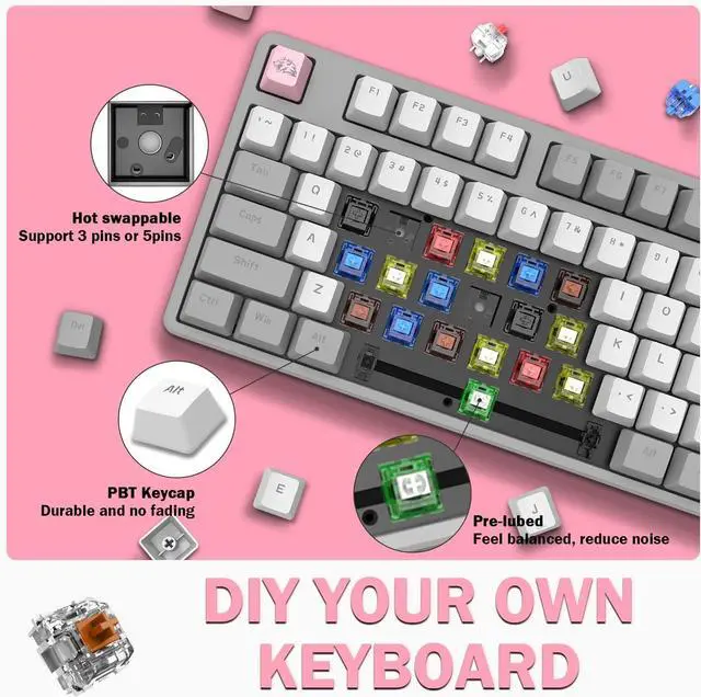 Alt view image 4 of 7 - A.JAZZ AK873 Wired 87 Key TKL Retro Color Mechanical Gaming Keyboard with Rainbow Backlit Hot-swap Tactile Brown Switch NKRO Gasket Custom Coiled Aviator C to A Cable for Win/PC/Mac(Gray White Pink)