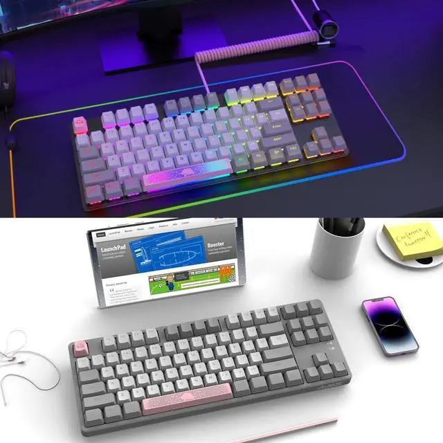 Alt view image 7 of 7 - A.JAZZ AK873 Wired 87 Key TKL Retro Color Mechanical Gaming Keyboard with Rainbow Backlit Hot-swap Tactile Brown Switch NKRO Gasket Custom Coiled Aviator C to A Cable for Win/PC/Mac(Gray White Pink)