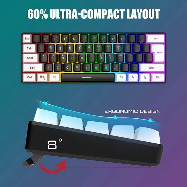 Alt view image 3 of 7 - RedThunder 60% Gaming Keyboard and Mouse Combo, Ultra-Compact 61-Key RGB Backlit Mini Keyboard, Lightweight 7200 DPI Honeycomb Optical Mouse, RGB Wired Gaming Set for PC PS5 Xbox Gamer(Black-White)