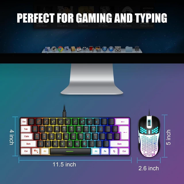 Alt view image 6 of 7 - RedThunder 60% Gaming Keyboard and Mouse Combo, Ultra-Compact 61-Key RGB Backlit Mini Keyboard, Lightweight 7200 DPI Honeycomb Optical Mouse, RGB Wired Gaming Set for PC PS5 Xbox Gamer(Black-White)