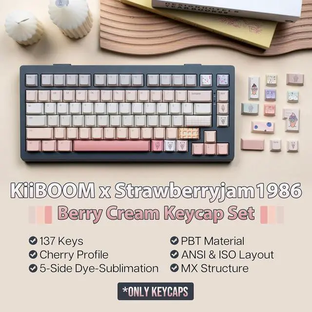 Alt view image 2 of 6 - KiiBOOM x Strawberryjam1986 Berry Cream Keycap Set, 137 Keys Cherry Profile Keycaps, PBT Custom Keycap for Mechanical Keyboard, Compatible with ANSI/ISO, 60%, 65%, 75%, TKL, Full-Sized Layout